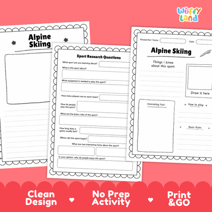 Alpine Skiing Winter Sport Research Project Worksheets and Fact Sheet