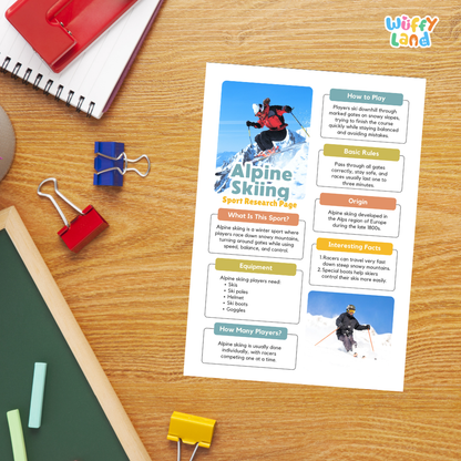 Alpine Skiing Winter Sport Research Project Worksheets and Fact Sheet