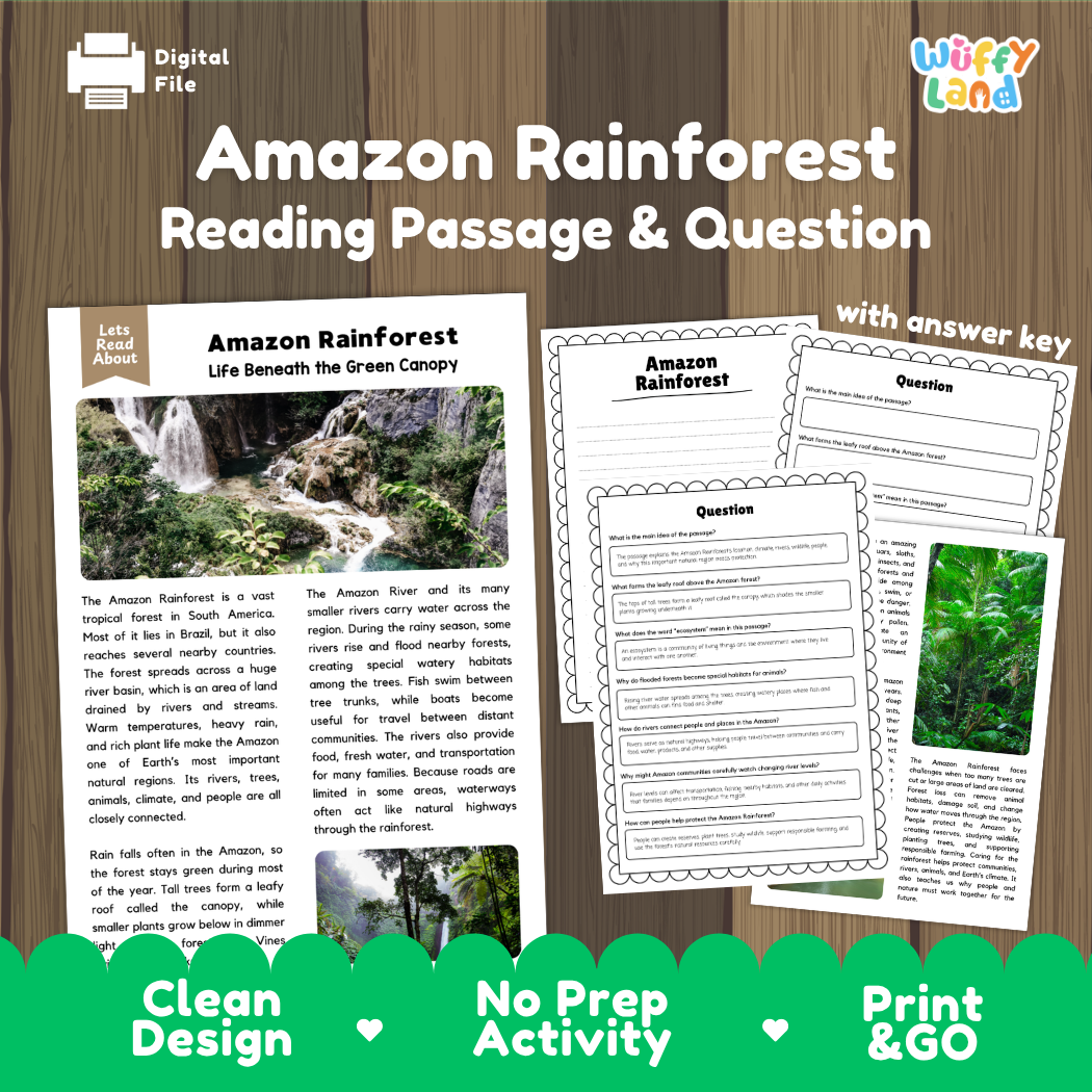 Amazon Rainforest reading comprehension passage and questions printable activity pack with answer key for elementary students