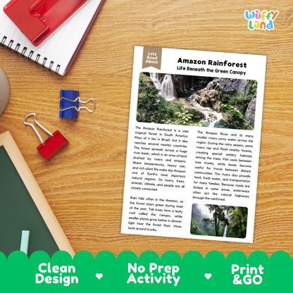 Student reading comprehension worksheet with short-answer questions and lined sections about the Amazon rainforest
