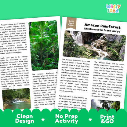 Teacher answer key page showing complete question solutions for Amazon rainforest geography and science reading comprehension practice