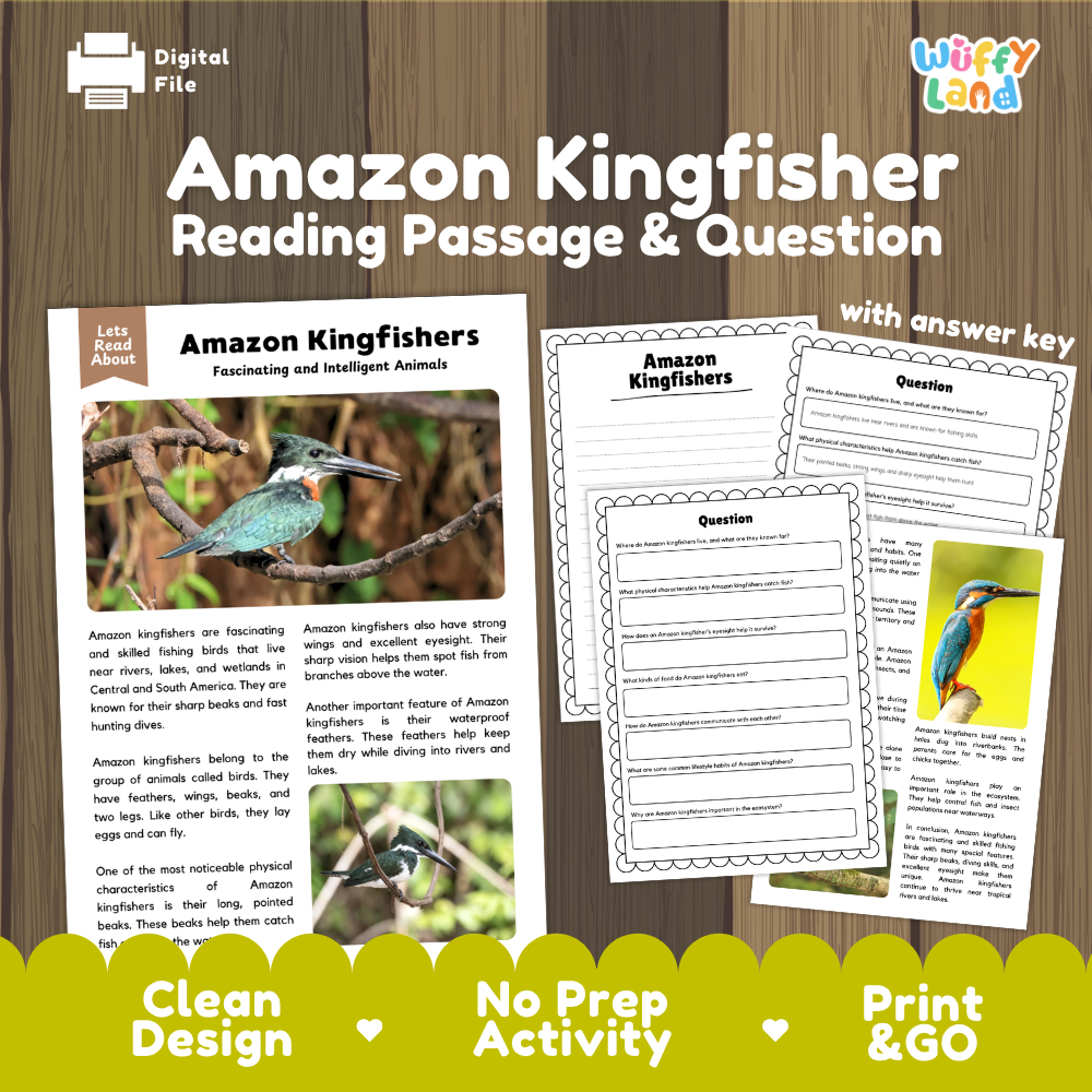 Amazon Kingfishers Reading Passage and Comprehension Questions Worksheets with Answer Key