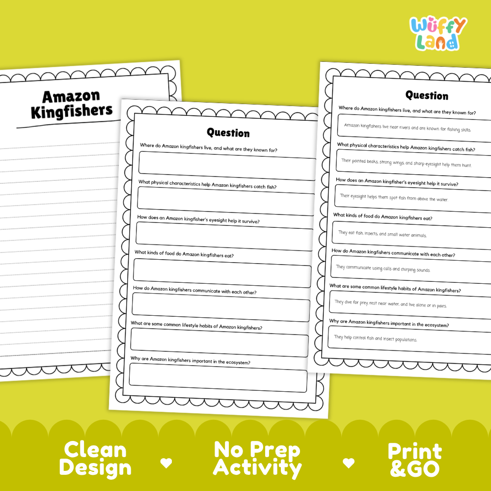 Amazon Kingfishers Reading Passage and Comprehension Questions Worksheets with Answer Key