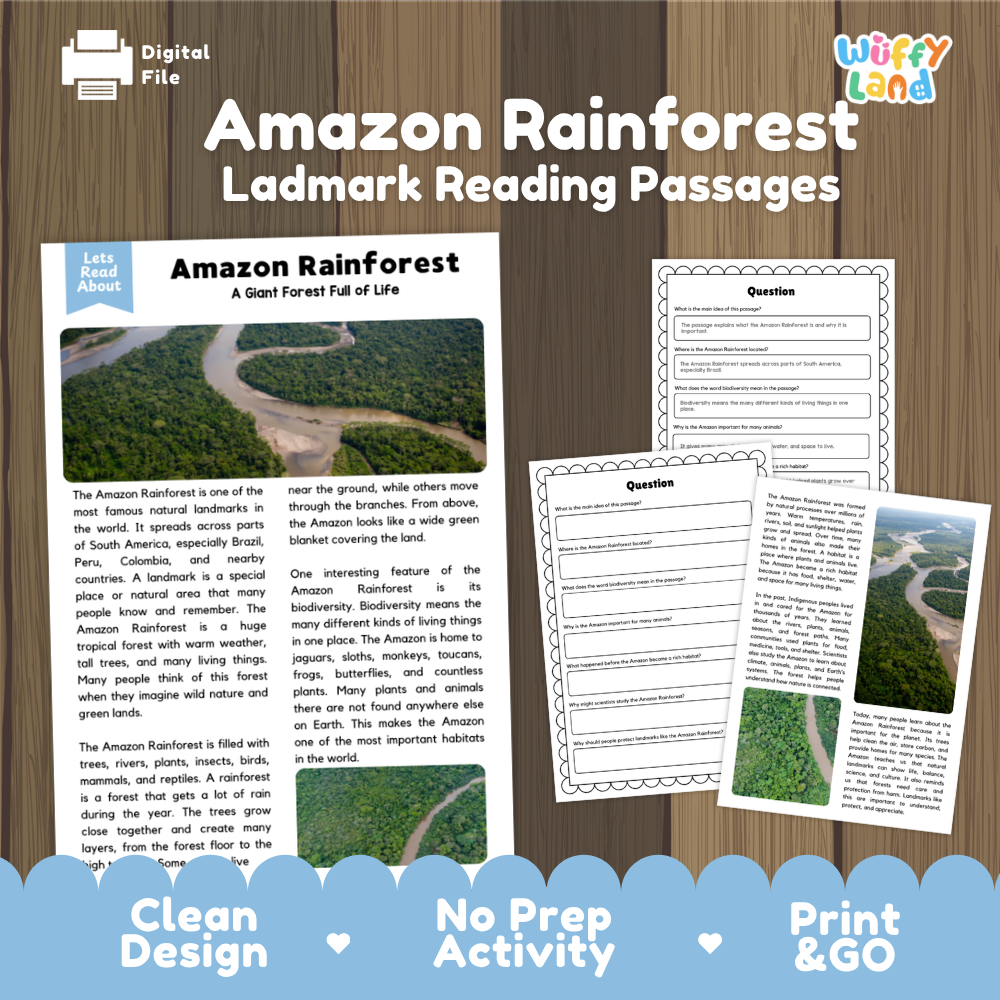 Amazon Rainforest Ladmark Reading Passages digital download activity sheet set on a brown wood-grain background. The image shows the cover page, an informational leaflet, and worksheet pages.