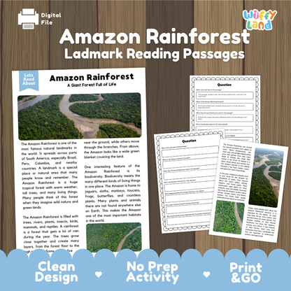 Amazon Rainforest Ladmark Reading Passages digital download activity sheet set on a brown wood-grain background. The image shows the cover page, an informational leaflet, and worksheet pages.