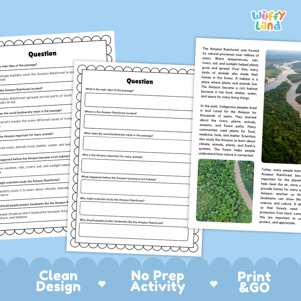 Three printable educational worksheet pages about the Amazon Rainforest are shown on a white background with a blue decorative banner at the bottom. The sheets include text prompts and a small reading passage.