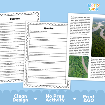 Three printable educational worksheet pages about the Amazon Rainforest are shown on a white background with a blue decorative banner at the bottom. The sheets include text prompts and a small reading passage.