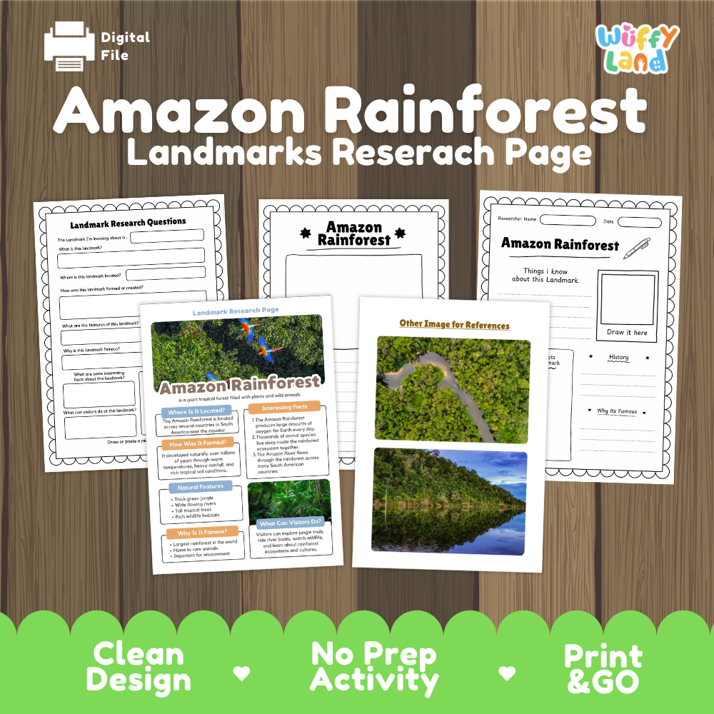 Amazon Rainforest Landmarks Research Page digital download activity sheet set by Wiffy Land, displayed on a wood-grain background with a green banner at the bottom highlighting key features.