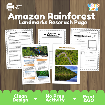 Amazon Rainforest Landmarks Research Page digital download activity sheet set by Wiffy Land, displayed on a wood-grain background with a green banner at the bottom highlighting key features.