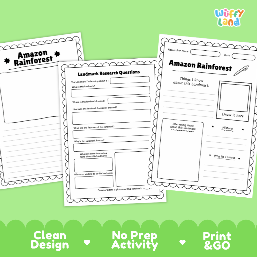 Three printable activity sheets for learning about the Amazon rainforest are displayed on a light green background. The sheets include fields for writing research questions, drawing, and writing reflections, with the brand name 'Wiffy Land' in the top right corner.