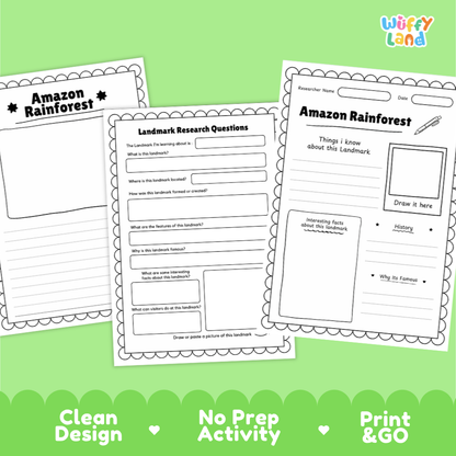 Three printable activity sheets for learning about the Amazon rainforest are displayed on a light green background. The sheets include fields for writing research questions, drawing, and writing reflections, with the brand name 'Wiffy Land' in the top right corner.