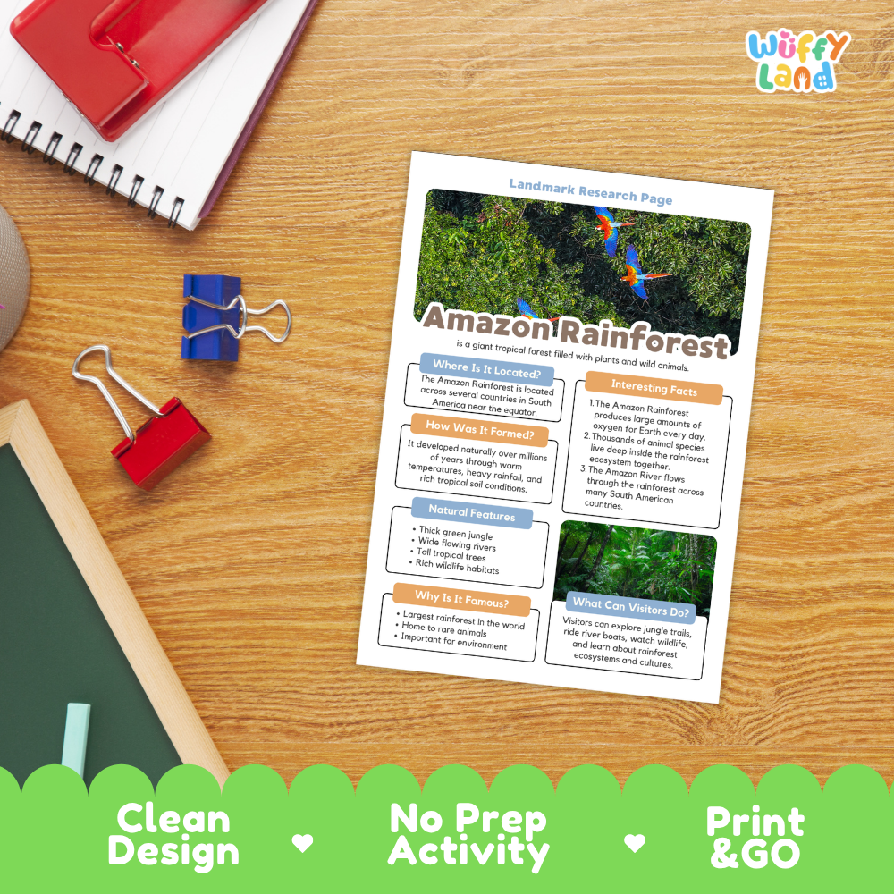 A printed 'Amazon Rainforest' landmark research page activity sheet lies on a wooden desk, surrounded by school supplies including a red spiral notebook, blue and red binder clips, and a green chalkboard. A green banner at the bottom reads 'Clean Design', 'No Prep Activity', and 'Print & GO'.