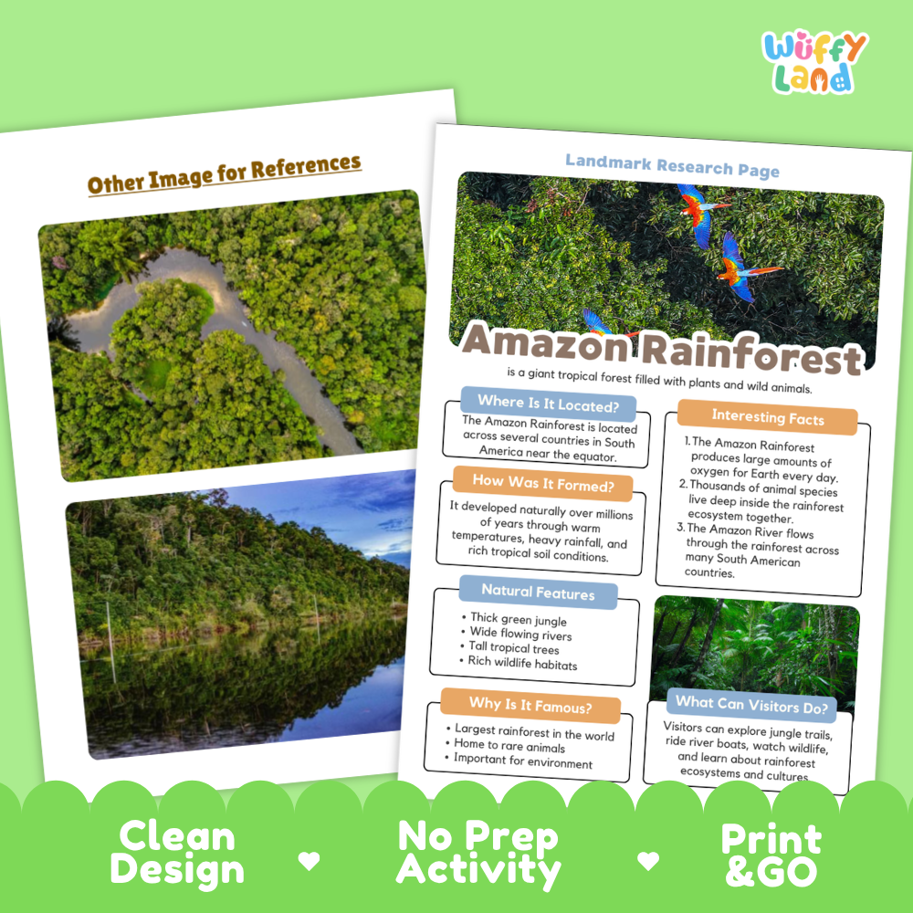 Educational poster and reference map set about the Amazon Rainforest, featuring a landscape photo, a labeled research page with text sections, and a green branded border reading 'Wiffly land' and 'Other Image for References'.