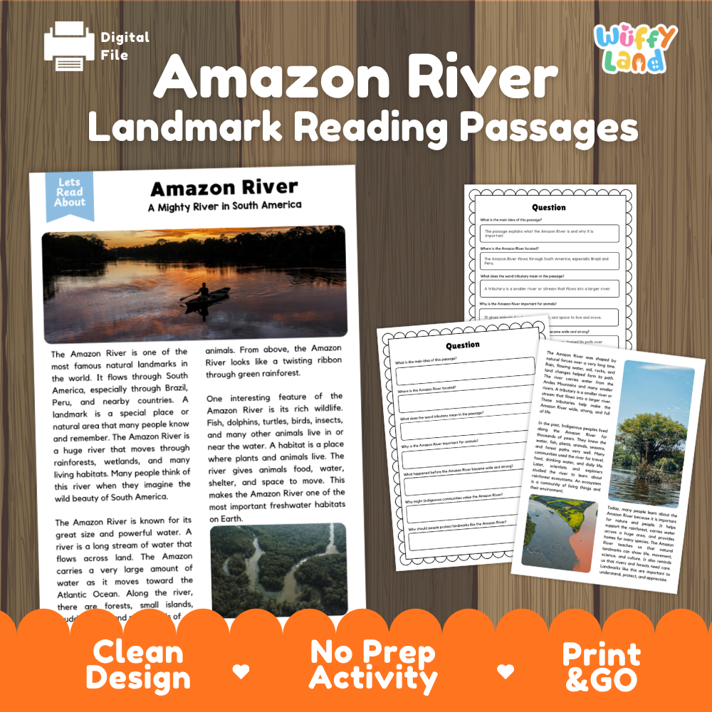 Amazon River Landmark Reading Passage and Comprehension Questions Worksheets