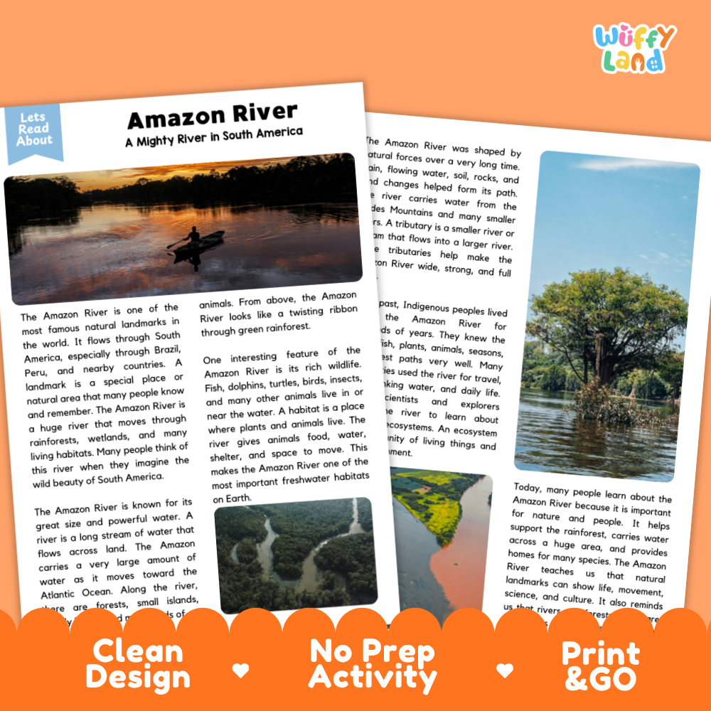 Amazon River Landmark Reading Passage and Comprehension Questions Worksheets