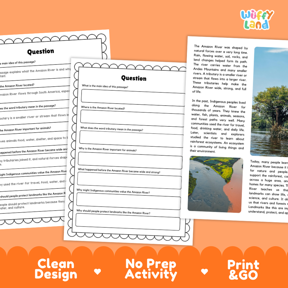 Amazon River Landmark Reading Passage and Comprehension Questions Worksheets