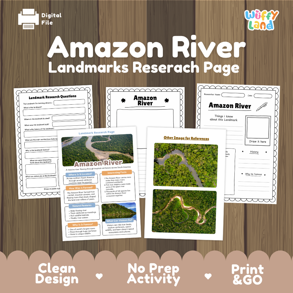 Amazon River Landmarks Research Page digital download activity sheet set by Wiffy Land, shown on a wood-grain background with three sample pages and a 'Digital File' label.