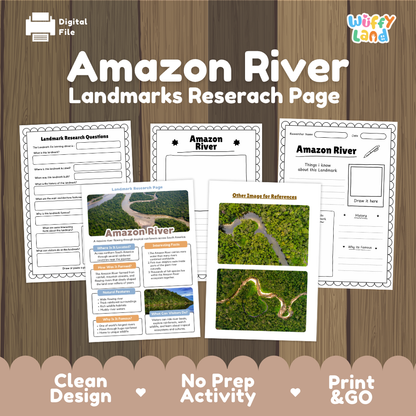 Amazon River Landmarks Research Page digital download activity sheet set by Wiffy Land, shown on a wood-grain background with three sample pages and a 'Digital File' label.