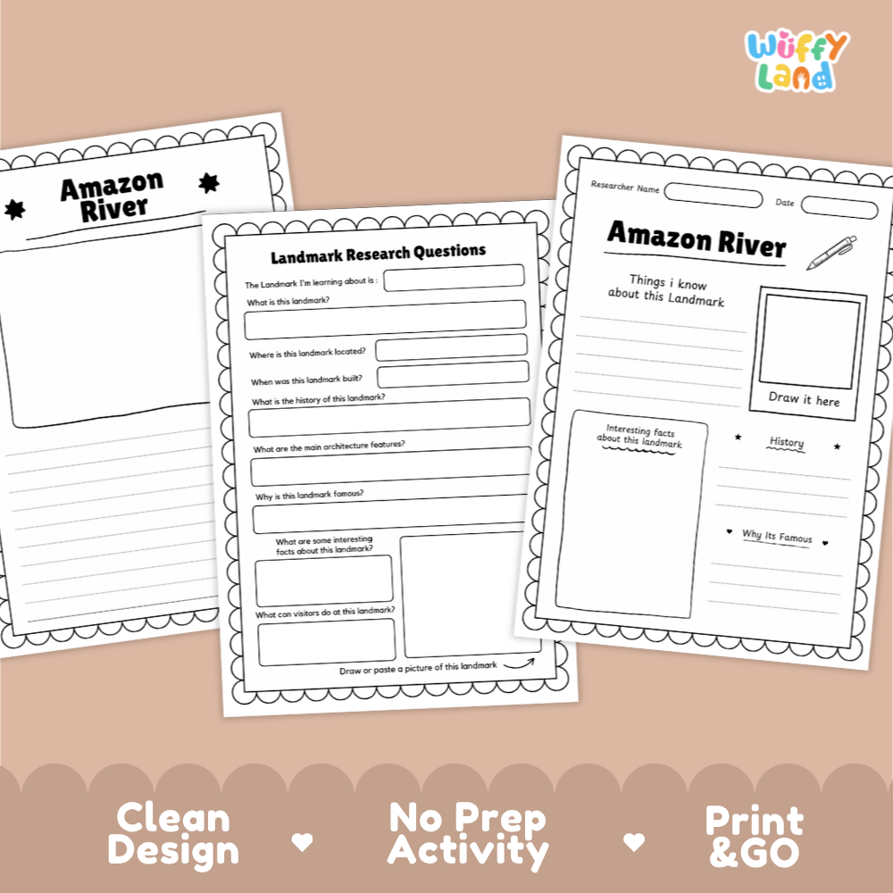 Three printable Amazon River activity worksheet pages arranged on a peach background with decorative scalloped borders and the text 'Clean Design', 'No Prep Activity', and 'Print & GO'. The top-right corner shows the brand name 'Wiffy Land'.