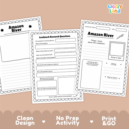Three printable Amazon River activity worksheet pages arranged on a peach background with decorative scalloped borders and the text 'Clean Design', 'No Prep Activity', and 'Print & GO'. The top-right corner shows the brand name 'Wiffy Land'.