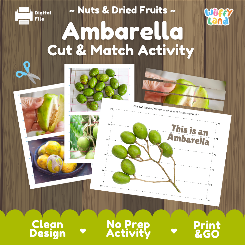 Ambarella cut and match activity cover showing printable fine motor puzzle sheets and tropical fruit photographs