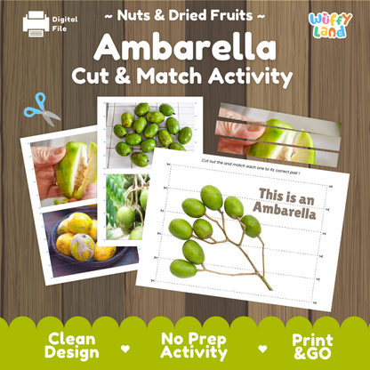 Ambarella cut and match activity cover showing printable fine motor puzzle sheets and tropical fruit photographs