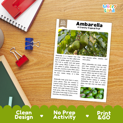 Student reading comprehension worksheet with short-answer questions and lined sections about the ambarella fruit