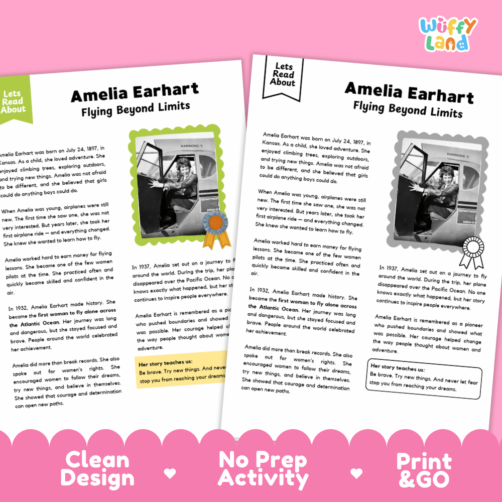 Two printable activity sheets for Amelia Earhart titled 'Flying Beyond Limits' shown on a pink background with the text 'Clean Design', 'No Prep Activity', and 'Print & GO'. The left sheet has a multicolor border and a small photo of Amelia, while the right sheet has a gray border and a small award icon.