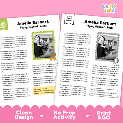 Two printable activity sheets for Amelia Earhart titled 'Flying Beyond Limits' shown on a pink background with the text 'Clean Design', 'No Prep Activity', and 'Print & GO'. The left sheet has a multicolor border and a small photo of Amelia, while the right sheet has a gray border and a small award icon.