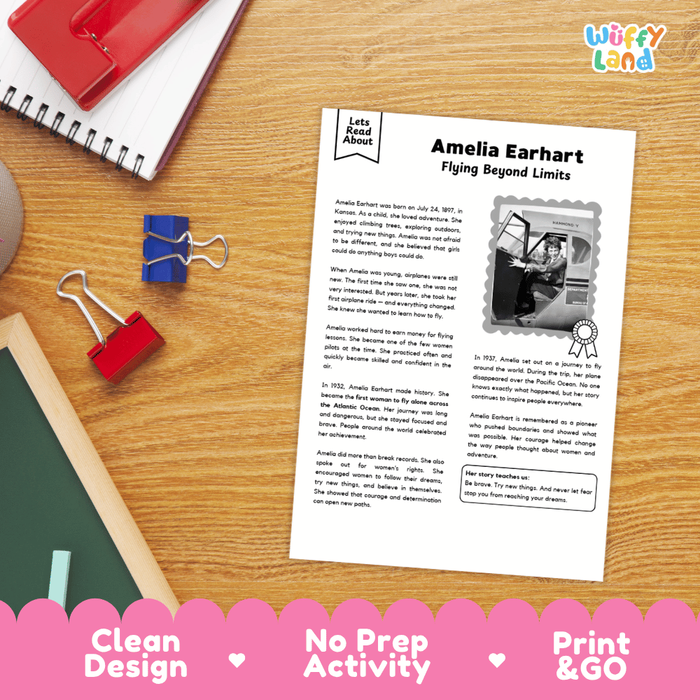 A printed activity sheet titled 'Amelia Earhart Flying Beyond Limits' laid on a wooden desk with school supplies around it, including a spiral notebook, red binder clips, and a green notebook. A pink banner at the bottom reads 'Clean Design', 'No Prep Activity', and 'Print & GO'.