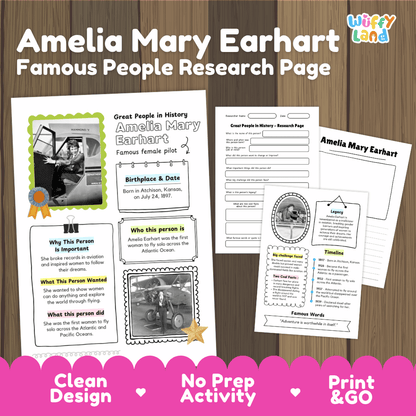 Amelia Mary Earhart Famous People Research Page Worksheets