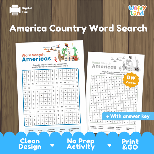 America country word search printable Americas geography puzzle activity pack overview from Wuffy Land featuring color and black white versions with answer key 🌎🗽