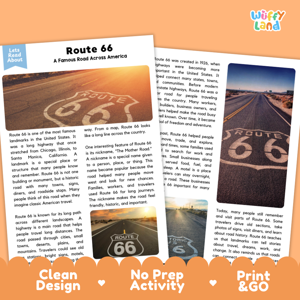 Printable American landmarks reading activity about Route 66 with nonfiction passage and comprehension questions for social studies, classroom and homeschool learning