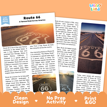 Printable American landmarks reading activity about Route 66 with nonfiction passage and comprehension questions for social studies, classroom and homeschool learning