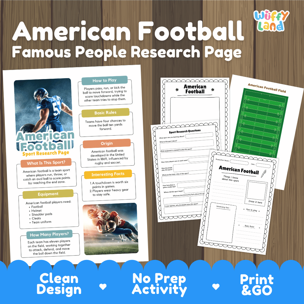 American Football Sport Research Project Worksheets and Fact Sheet
