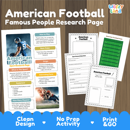 American Football Sport Research Project Worksheets and Fact Sheet