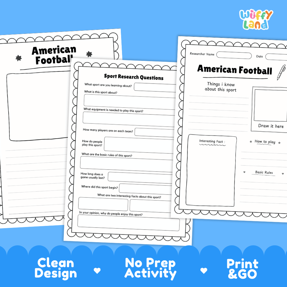 American Football Sport Research Project Worksheets and Fact Sheet