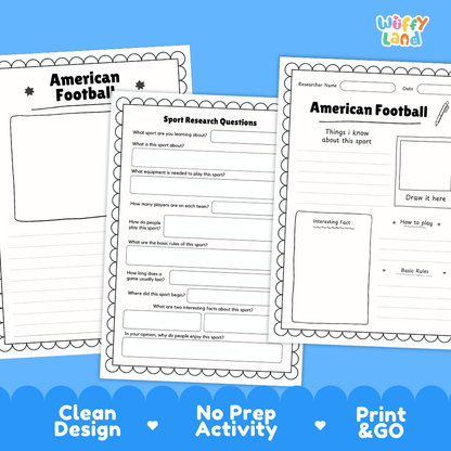American Football Sport Research Project Worksheets and Fact Sheet