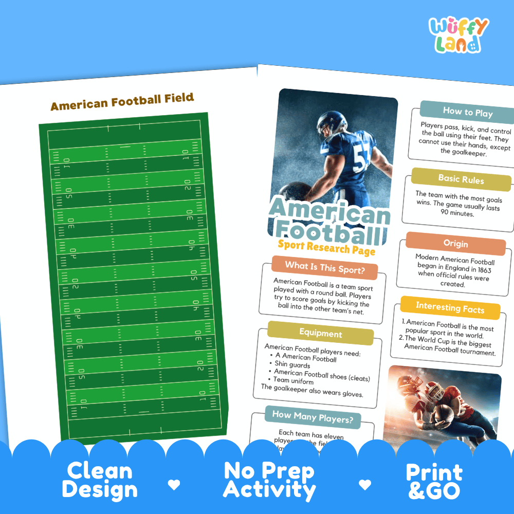 A promotional graphic for an educational 'American Football' print or digital page, showing a football field diagram on the left and a sports research page layout on the right. The brand logo 'wiffy land' is visible in the top right corner.