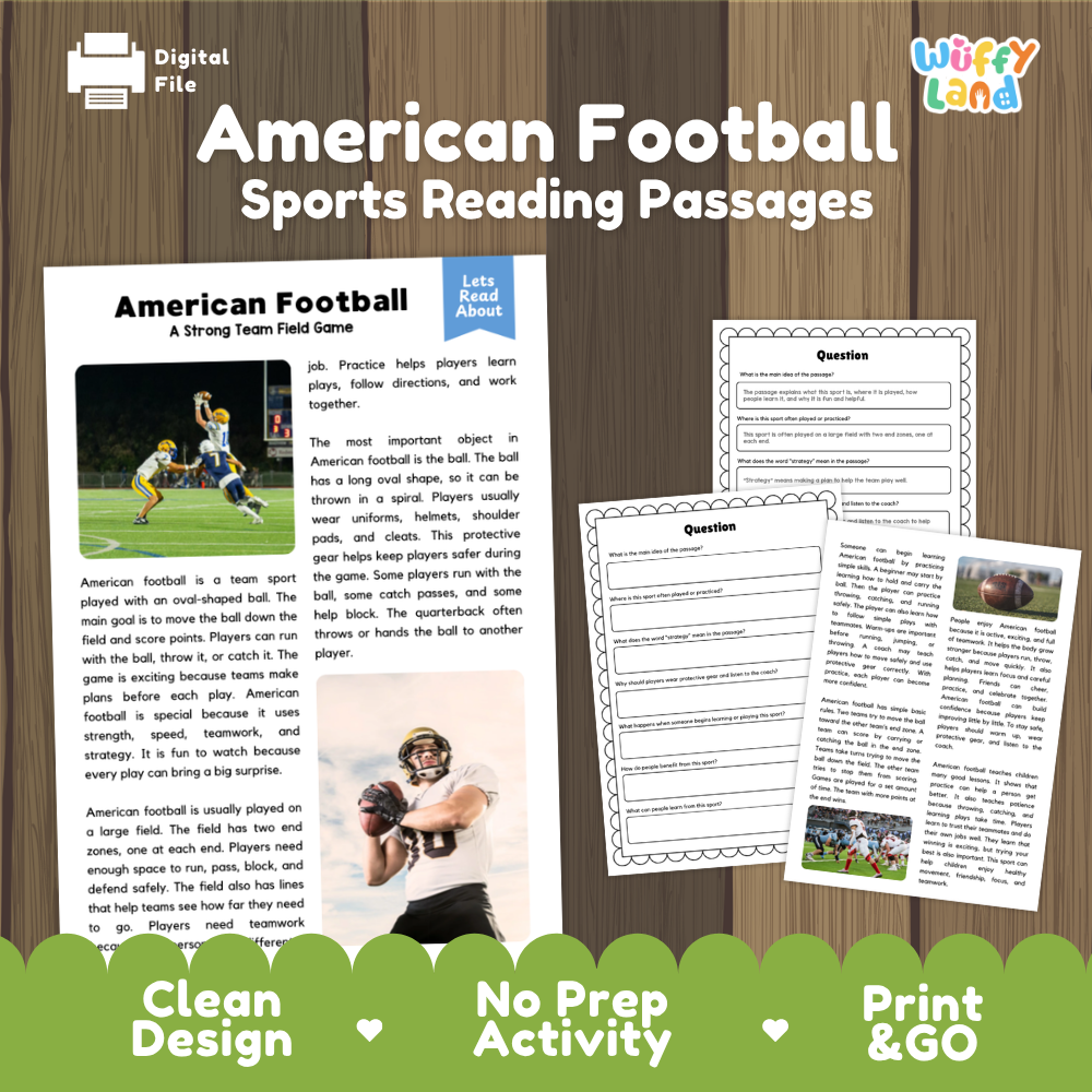 American Football Sports Reading Passages and Comprehension Questions Worksheets