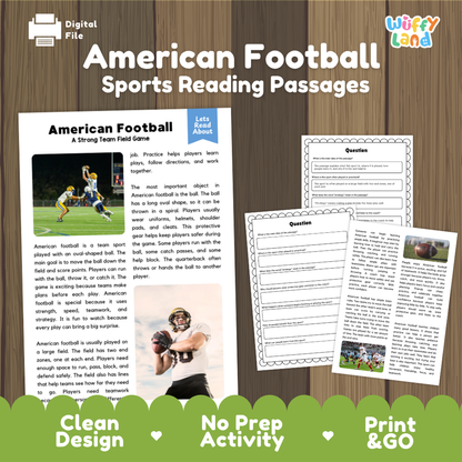 American Football Sports Reading Passages and Comprehension Questions Worksheets