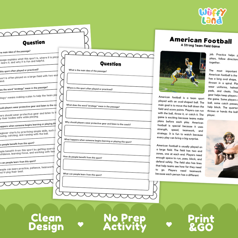 American Football Sports Reading Passages and Comprehension Questions Worksheets