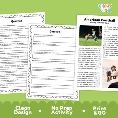 American Football Sports Reading Passages and Comprehension Questions Worksheets