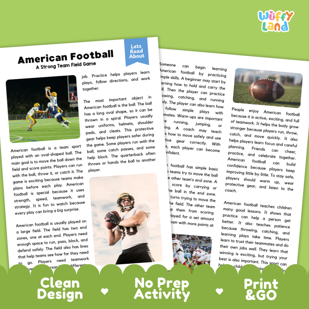 American Football Sports Reading Passages and Comprehension Questions Worksheets