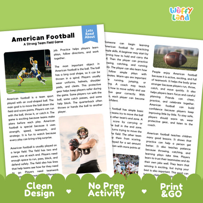 American Football Sports Reading Passages and Comprehension Questions Worksheets