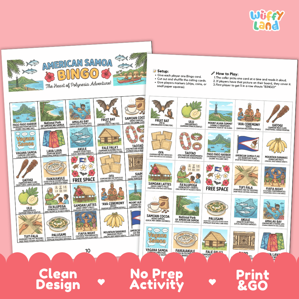 American Samoa Geography BINGO Game US Territory Activity Printable Boards