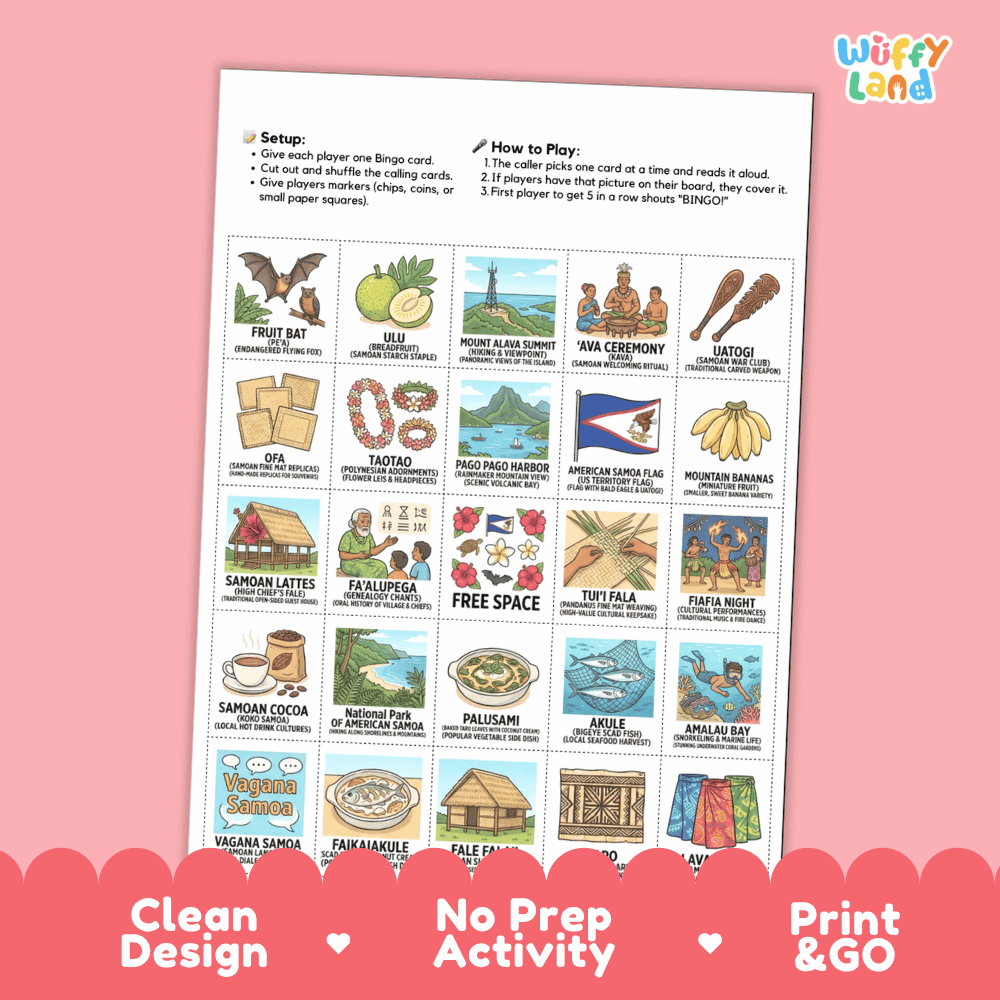 American Samoa Geography BINGO Game US Territory Activity Printable Boards