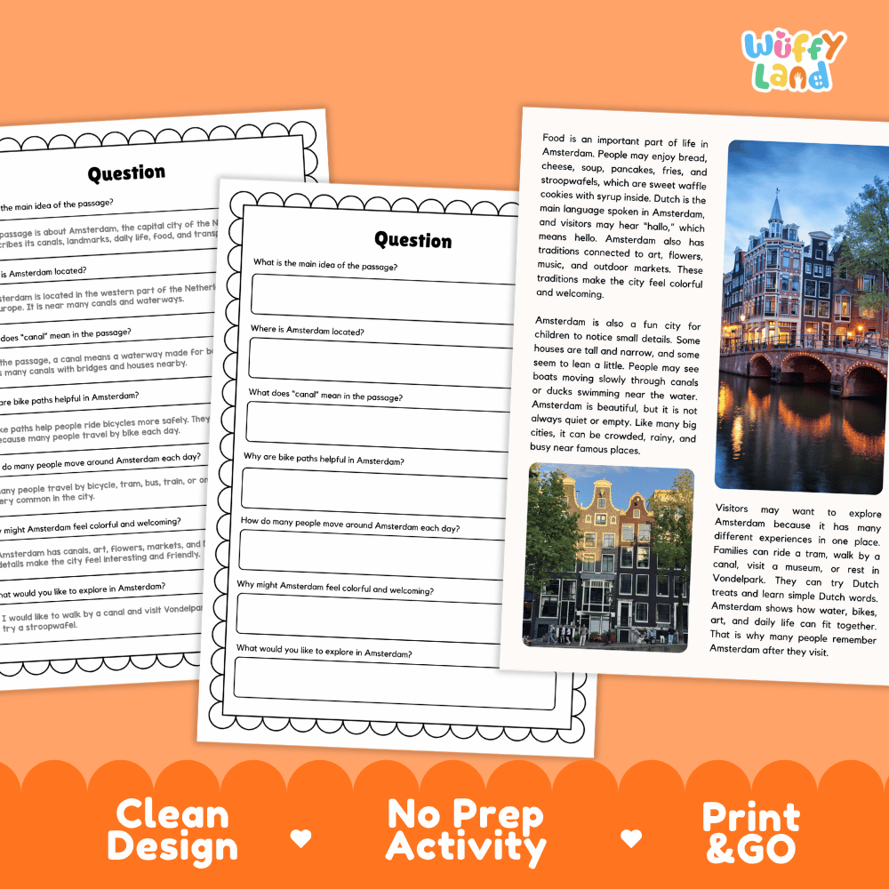 Student reading passage titled A City of Canals detailing Amsterdam Netherlands Rijksmuseum Dam Square Vondelpark canals and city photography