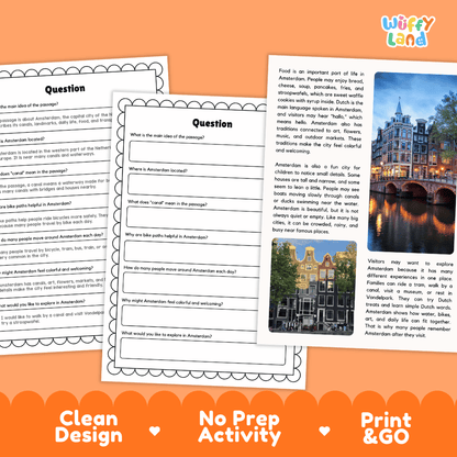 Student reading passage titled A City of Canals detailing Amsterdam Netherlands Rijksmuseum Dam Square Vondelpark canals and city photography