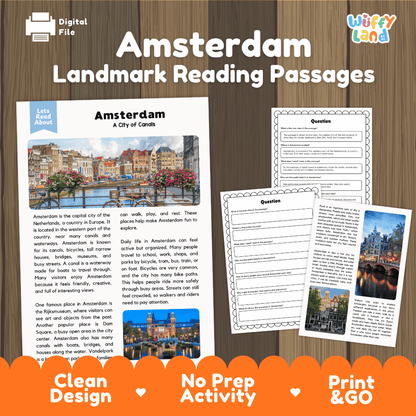 Amsterdam landmark reading passage and comprehension worksheet educational unit featuring nonfiction text and authentic Dutch canal bridge bicycle photography
